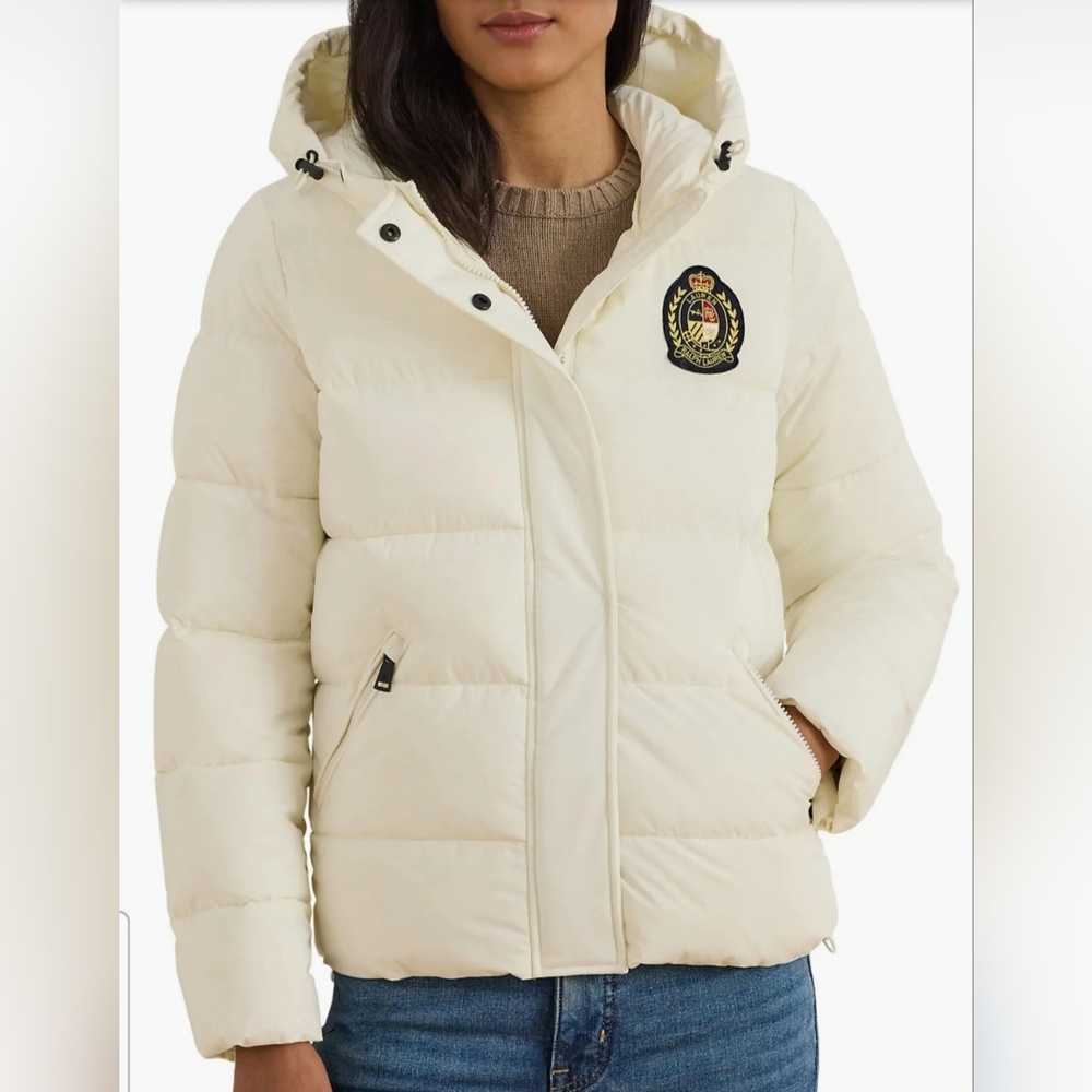 Lauren Ralph Lauren Crested Off White Puffer Hooded Jacket Large NWT $230